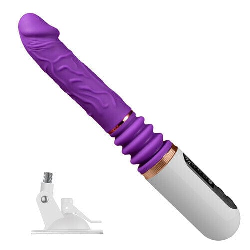 Dildo machine positioned on smooth surface demonstrating hands-free use