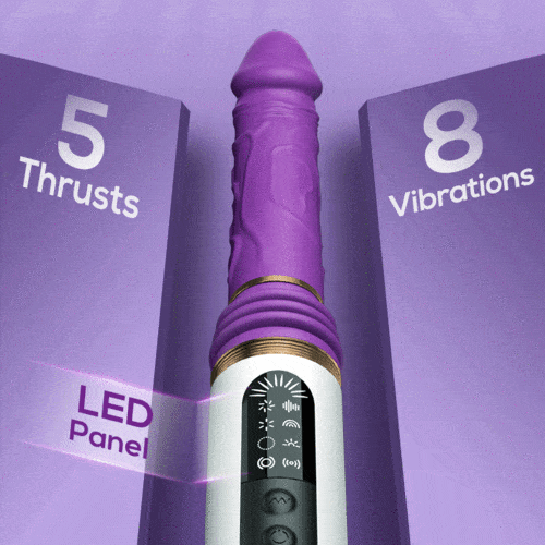 Dildo machine positioned on smooth surface demonstrating hands-free use