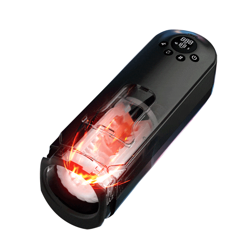 Expandable thrusting masturbation cup with LCD display showing modes