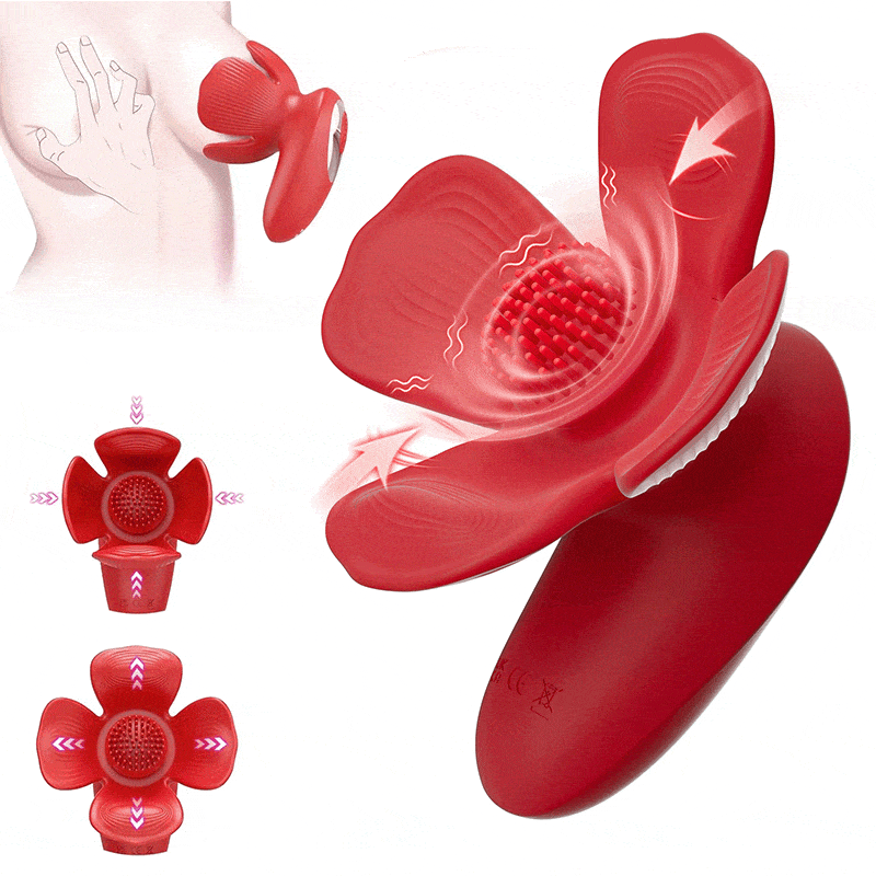 Rose kneader breast stimulator showing petal design and red silicone construction