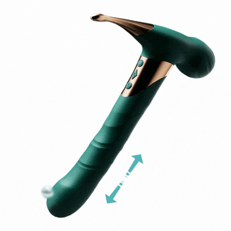 Telescopic sucking vibrator showing extended G-spot stimulator and clitoral suction cup