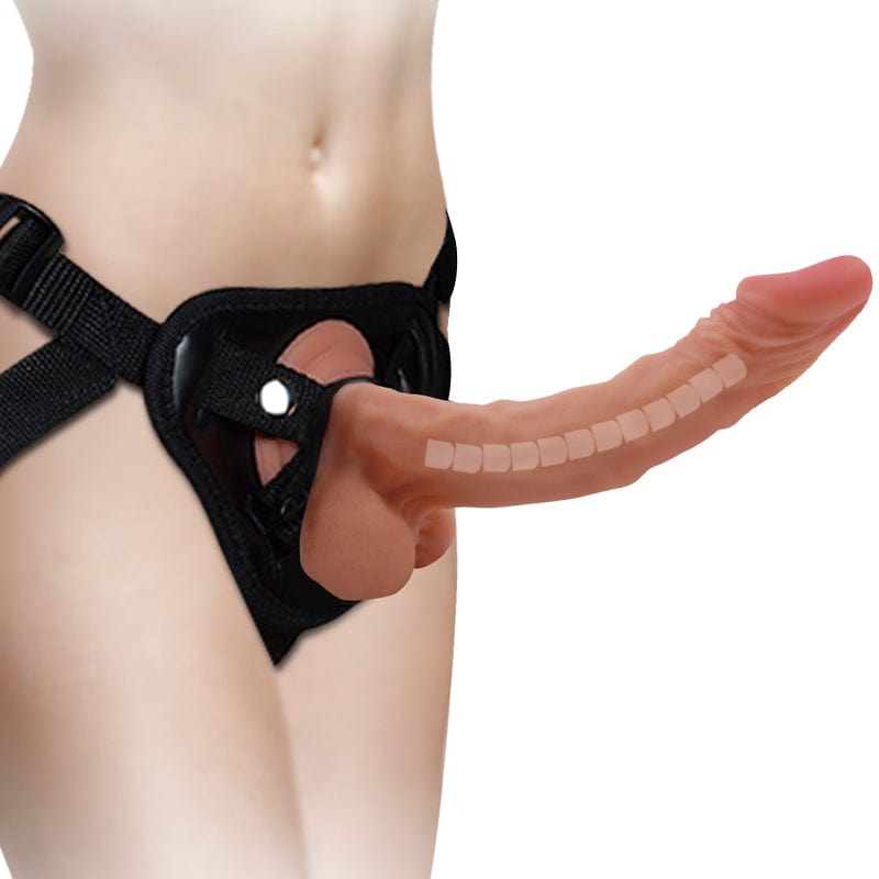 Wearable dildo displayed at angle showing 9.45-inch length and body-safe material