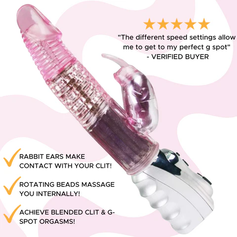 "The different speed settings allow me to get to my perfect G-spot" -Verified buyer. Rabbit ears make contact with your clit! Rotating beads massage you internally! Achieve blended clit and g-spot orgasms!