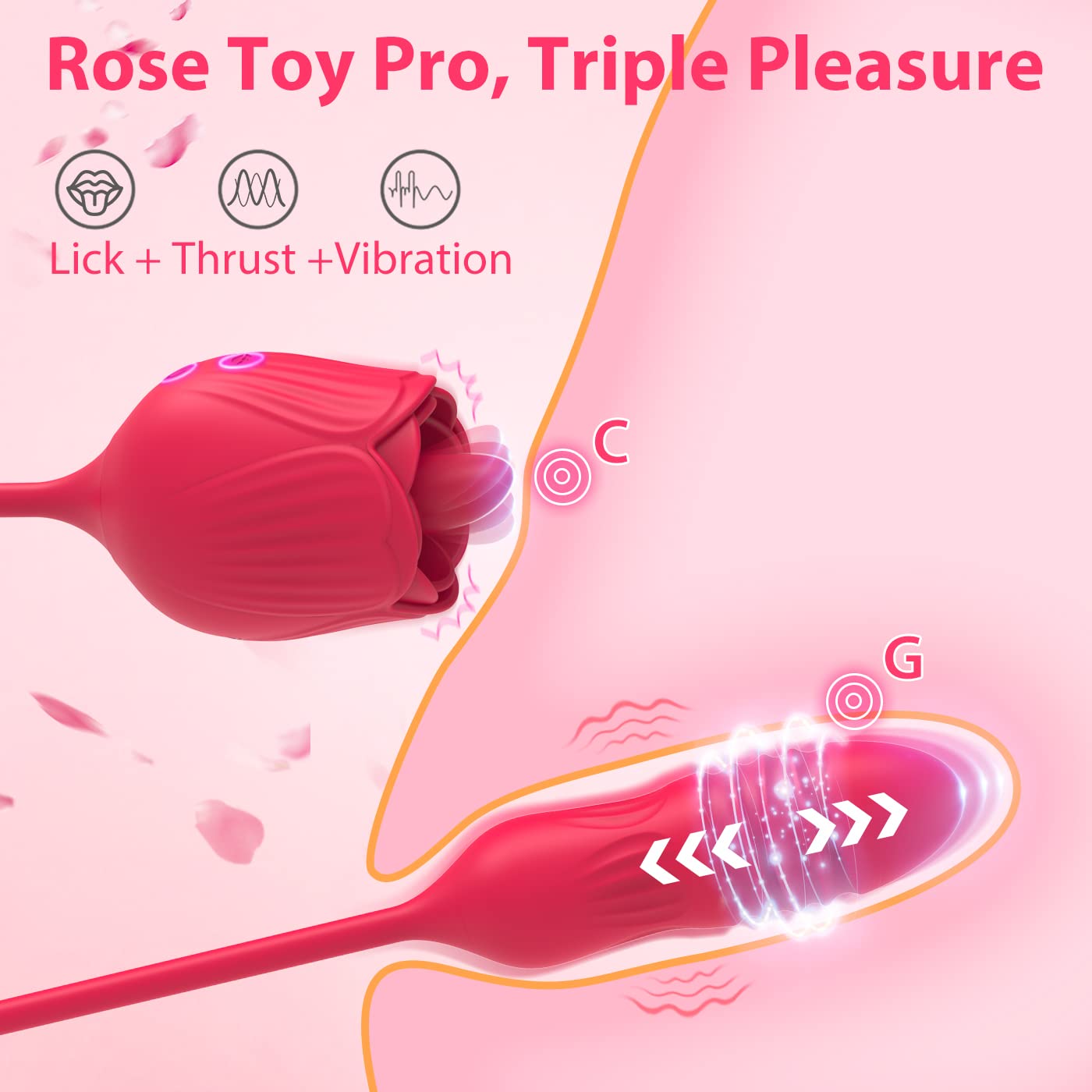Rose vibrator with flexible licking tongue and telescopic egg