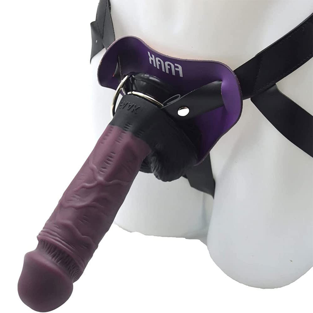 Wearable thick silicone dildo showing soft texture and purple color
