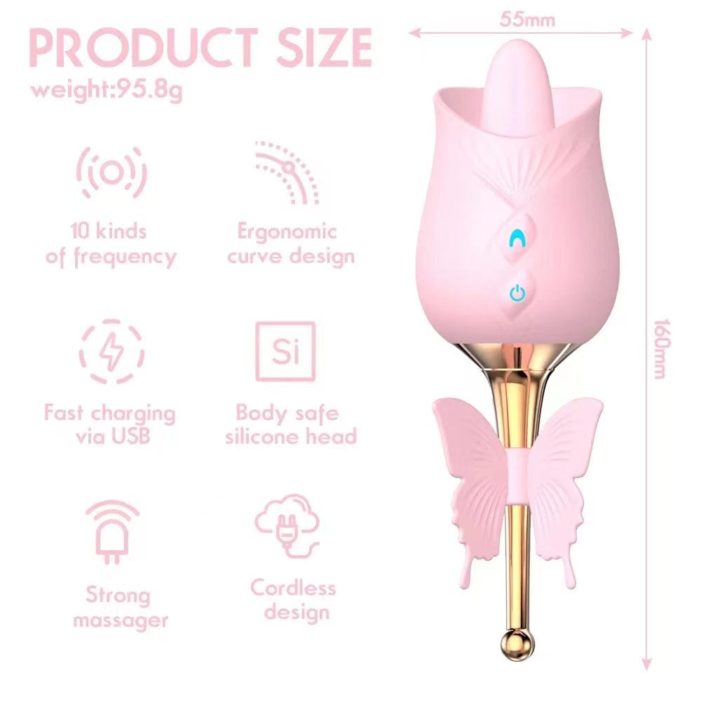 Rose vibrator showing ergonomic curved design and velvety silicone texture
