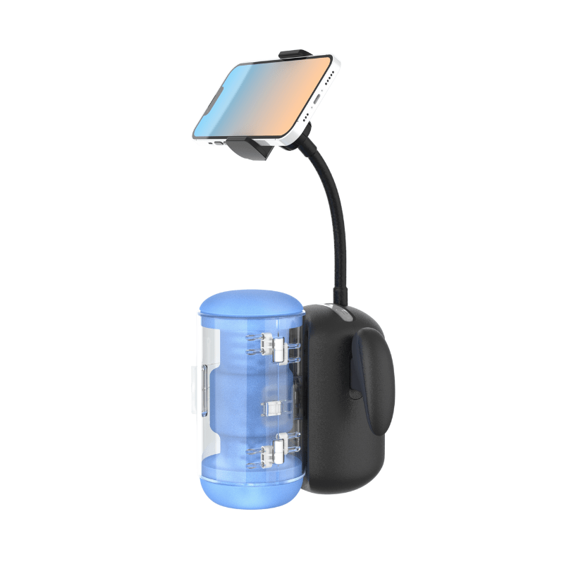 Male pleasure device showing telescopic movement and vibration controls