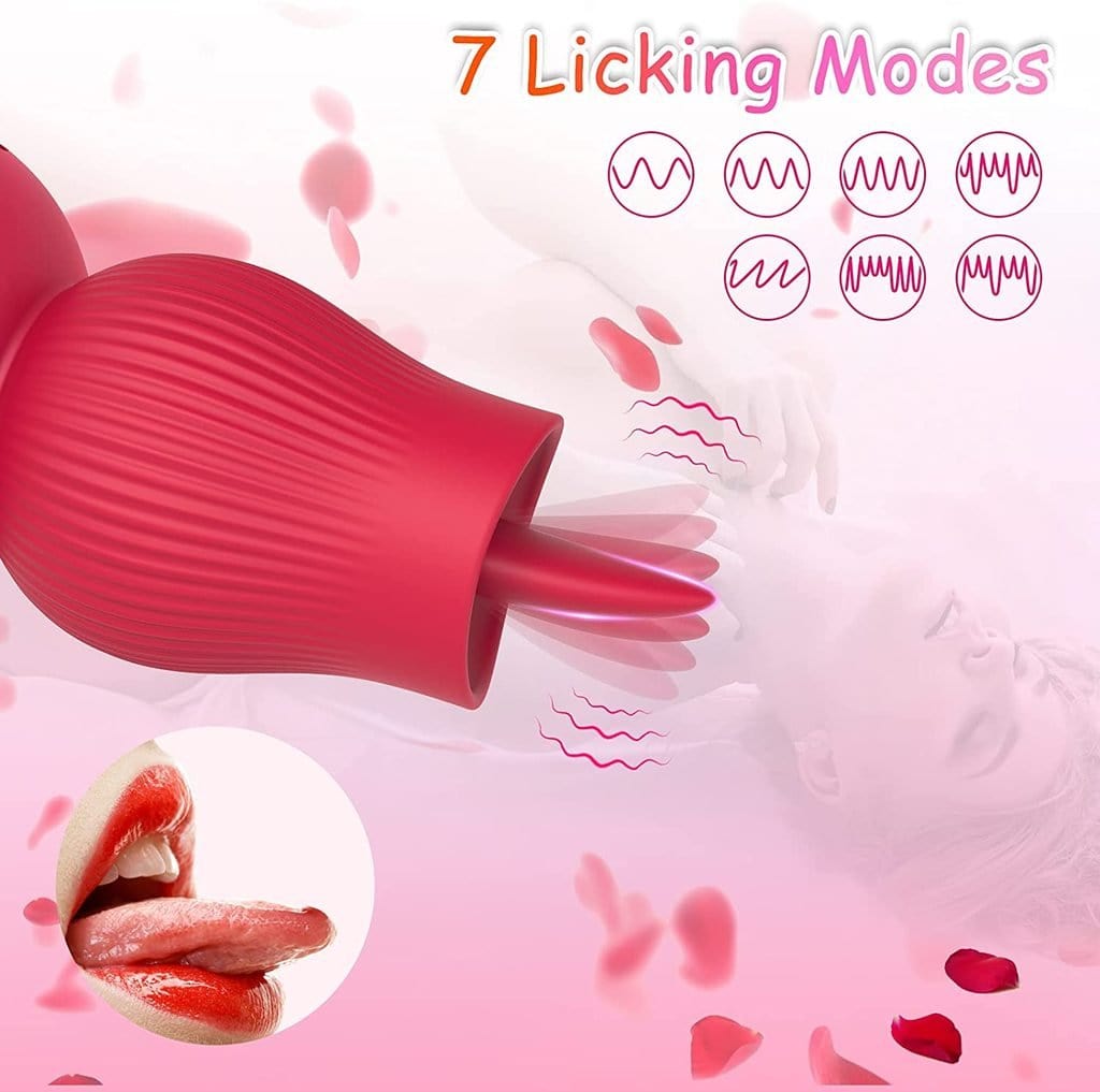 Rose toy in use highlighting dual stimulation with suction and tongue licking