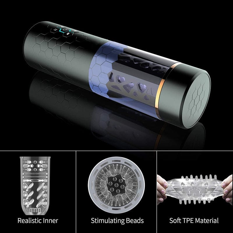 Thrusting rotating masturbation cup with telescopic extension