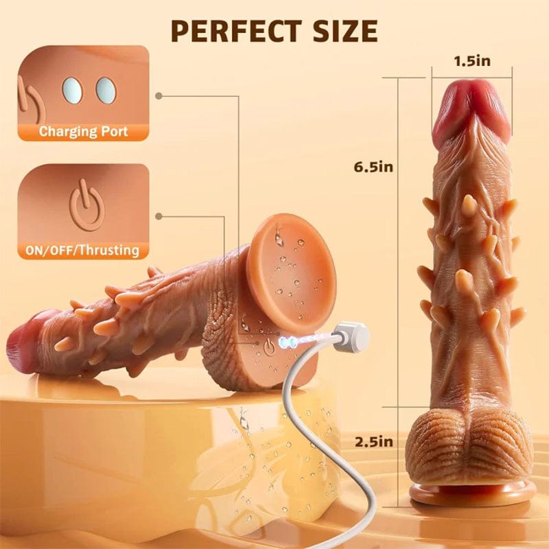 6.5 inch thrusting dildo showing textured surface and heating function