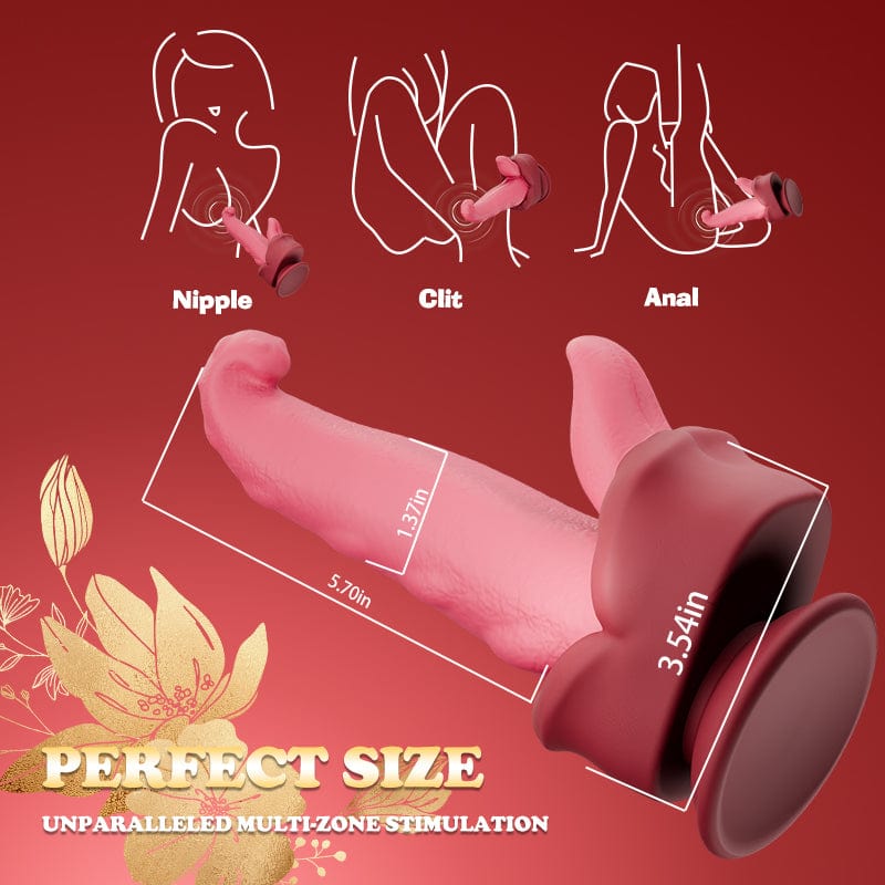 Dildo in use with remote control, highlighting hands-free suction cup feature