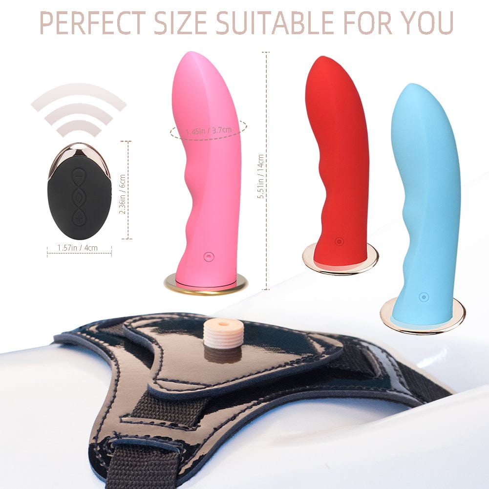 Wireless remote strap-on dildo showing adjustable harness and remote control