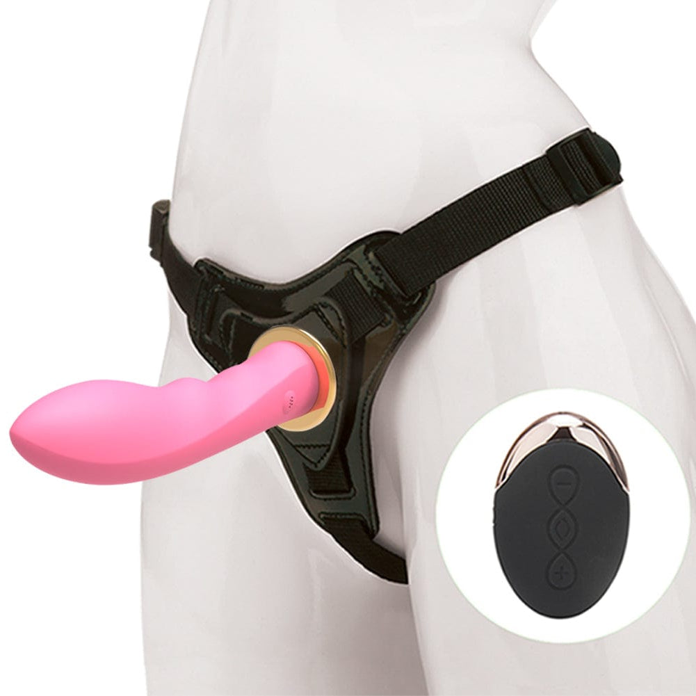 Wireless remote strap-on dildo showing adjustable harness and remote control