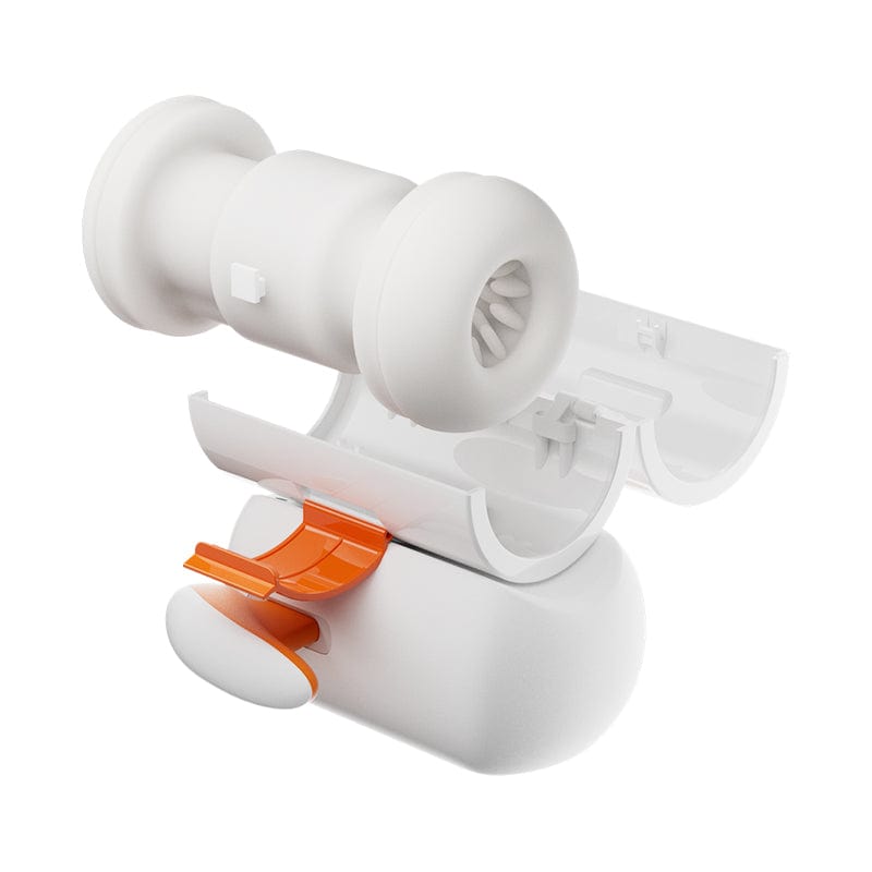 Male pleasure device showing telescopic movement and vibration controls