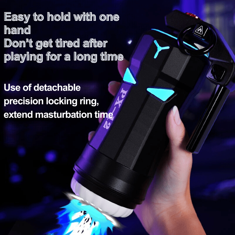 Heated telescopic male masturbator showing extended design and controls