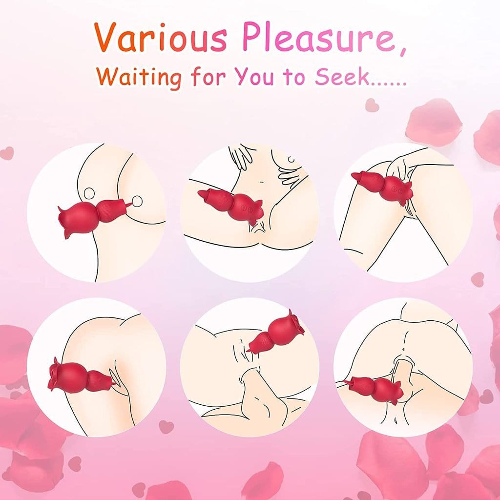 Rose-shaped clitoral vibrator with suction and tongue features on white background