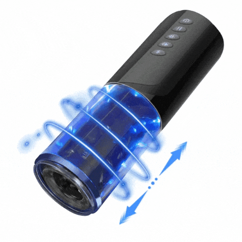 Automatic telescopic masturbator showing extended position with rotating head