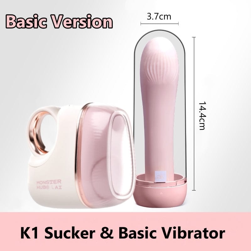 Triple-action suction vibrator showing all components including silicone heads