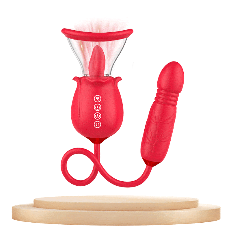 3-in-1 rose stimulator showing soft silicone tongue and suction cups