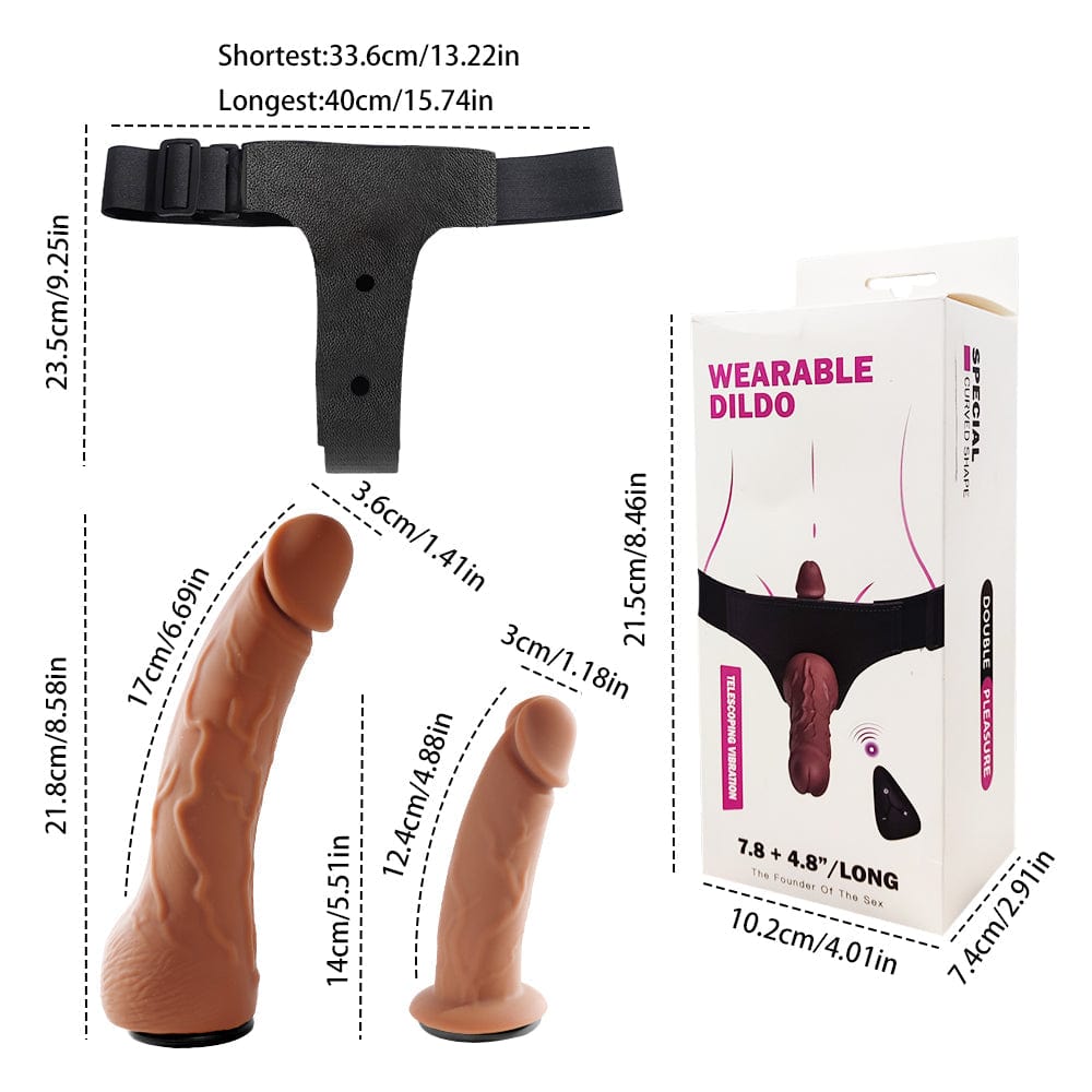 Double-headed wearable dildo vibrator showing both 203mm and 133mm silicone heads