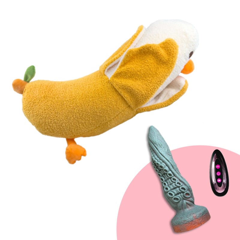 Remote-controlled plush dildo machine with multiple attachments on display
