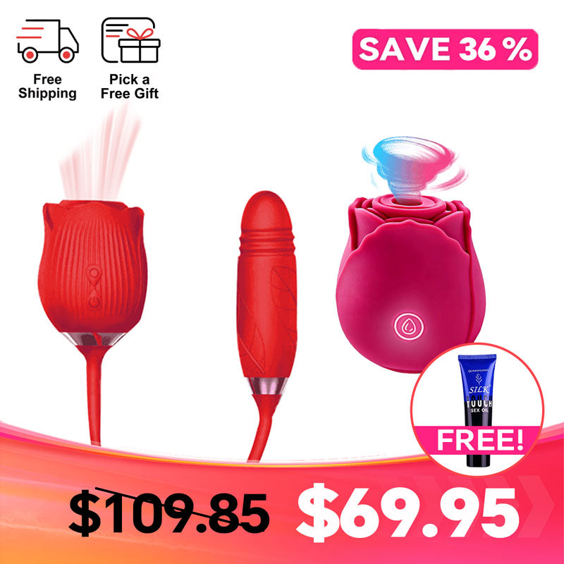 Double Rose Pleasure Set - RoséTrio Thrusting Massager - rabbit vibrator with suction featuring app controlled, waterproof, q
