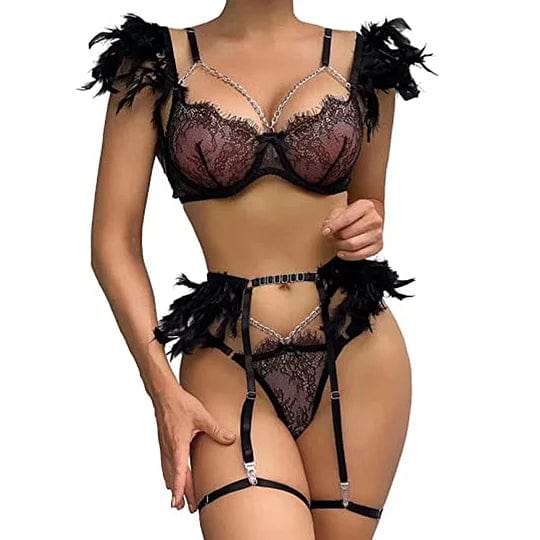 Ultra-thin feather lace lingerie set front view showing delicate details