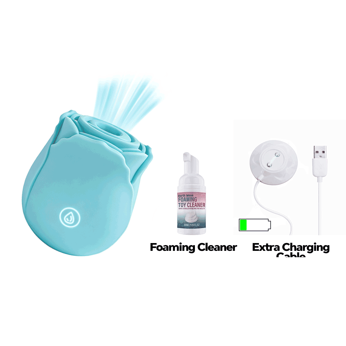 LunaGlow Rose Suction Massager in Blue for Luminous Relaxation features and controls