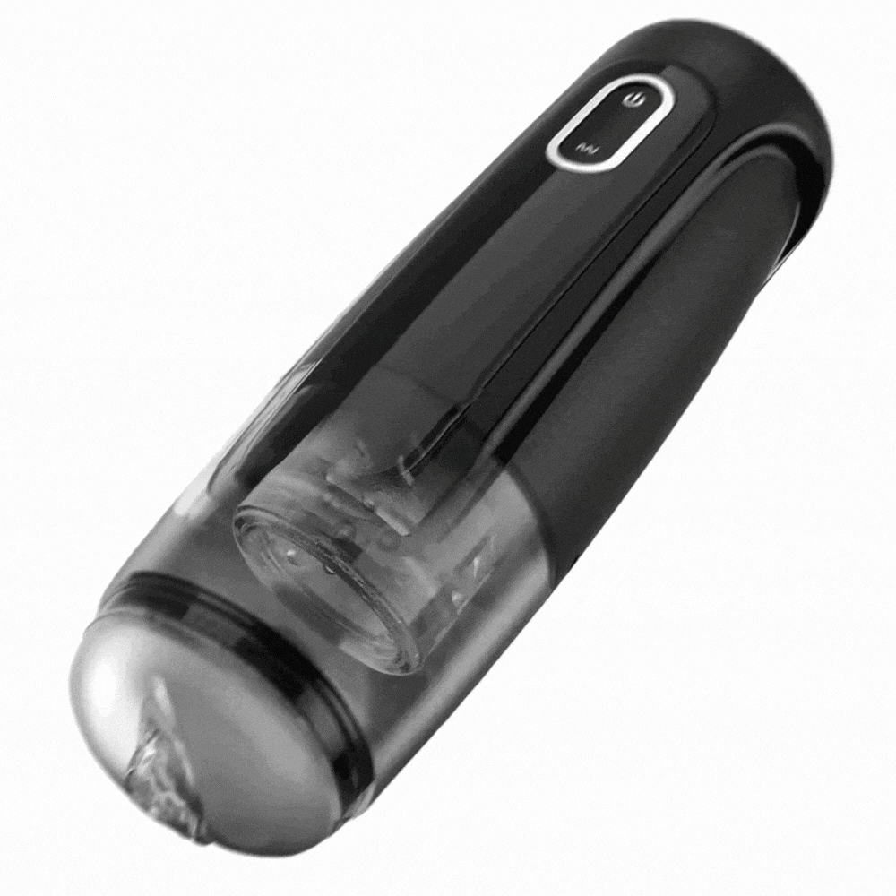 Automatic rotating male masturbator showing hands-free design and ergonomic shape