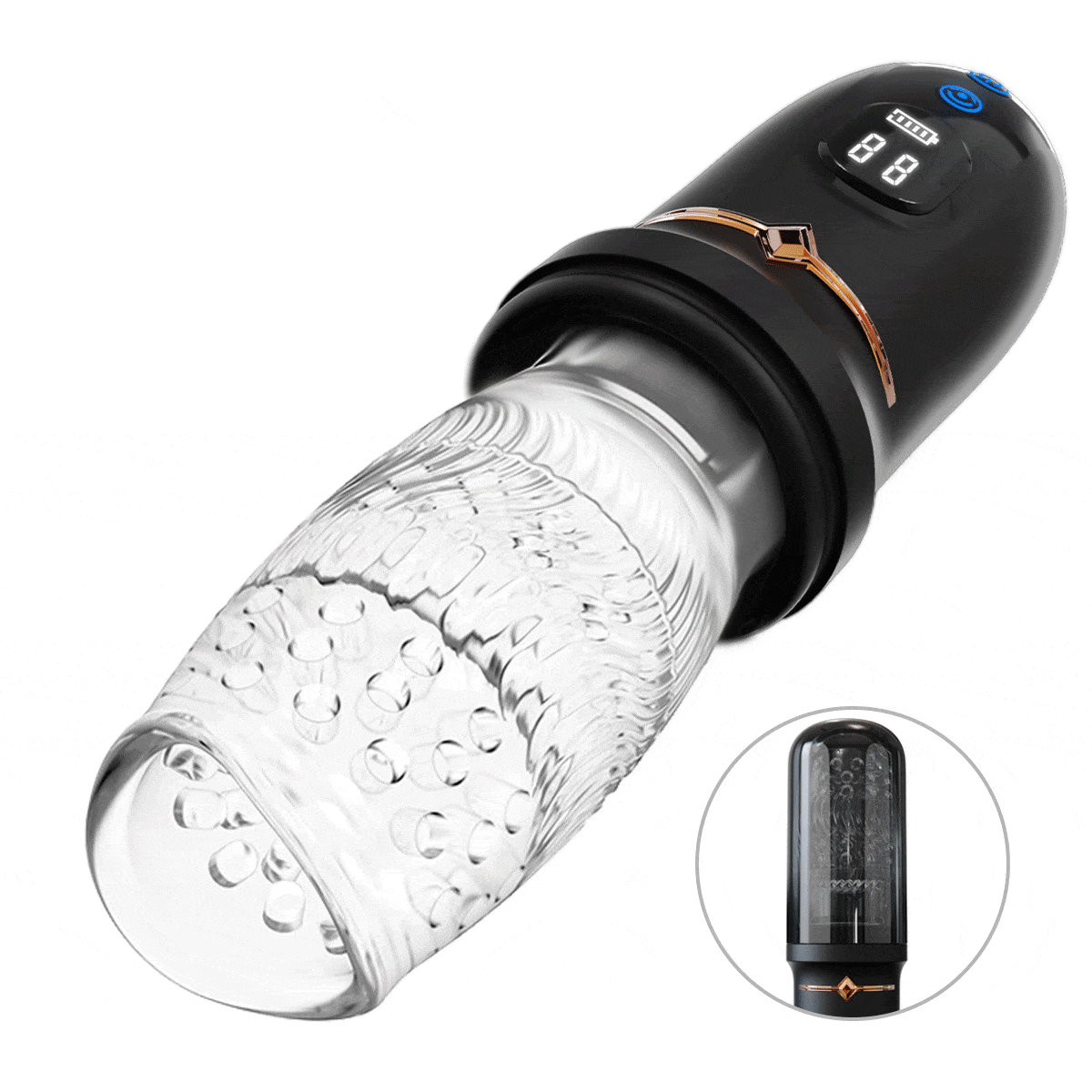 Male pleasure device showing 5 retractable modes and 10 vibration settings