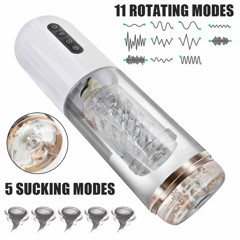 10-frequency rotating male masturbator showing telescopic design