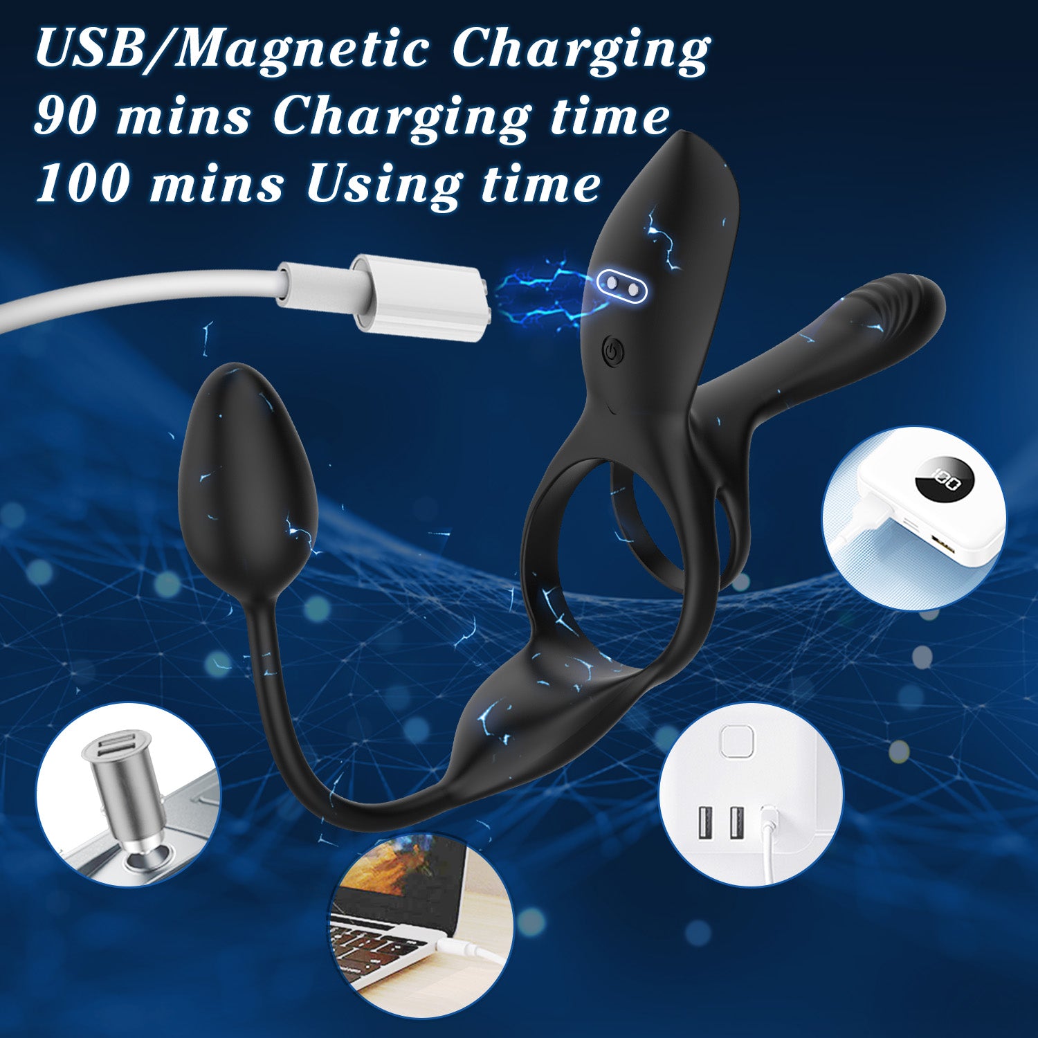 Vibrating cock ring with anal plug showing dual motor design and remote control