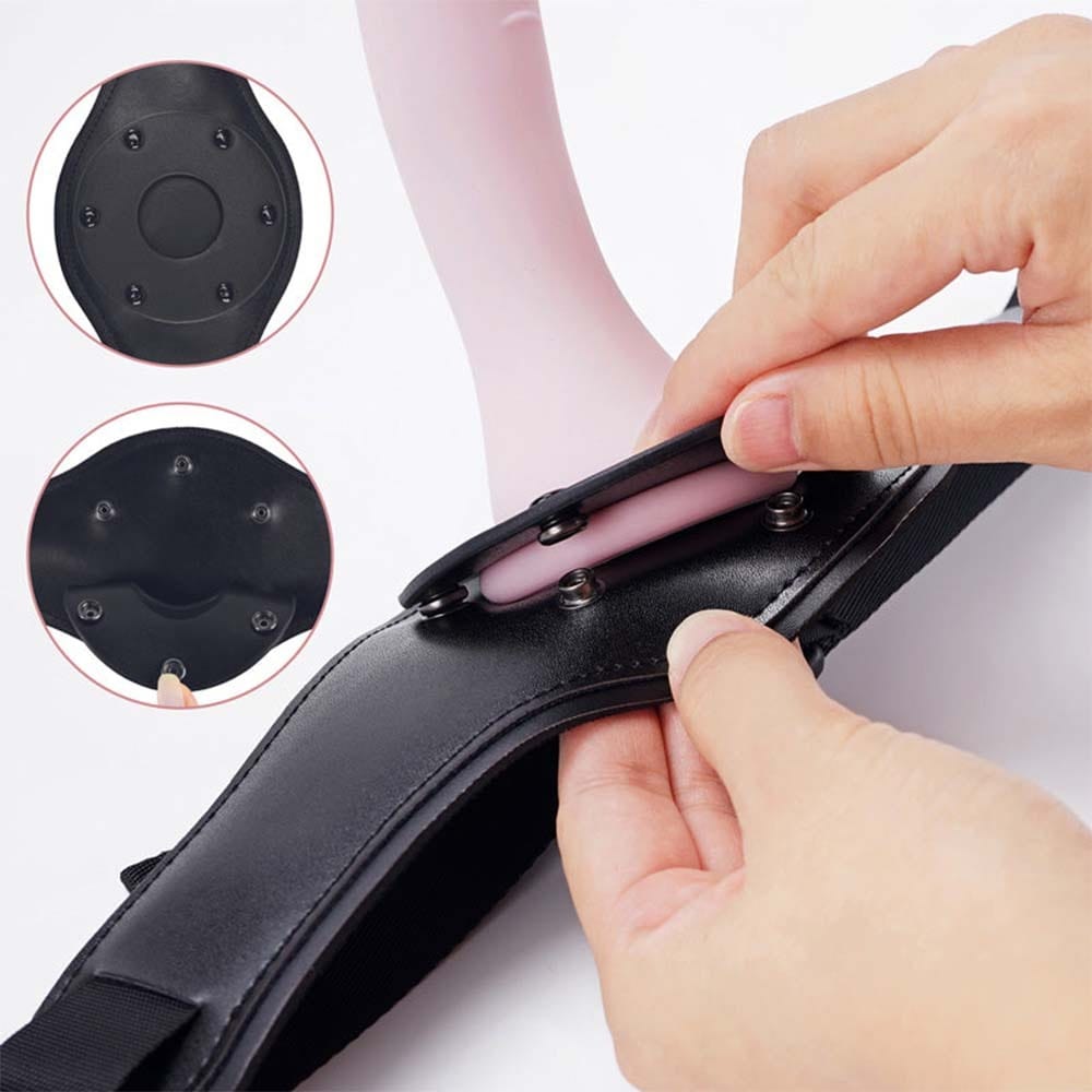 Adjustable lesbian thigh wearable masturbator showing flexible silicone construction