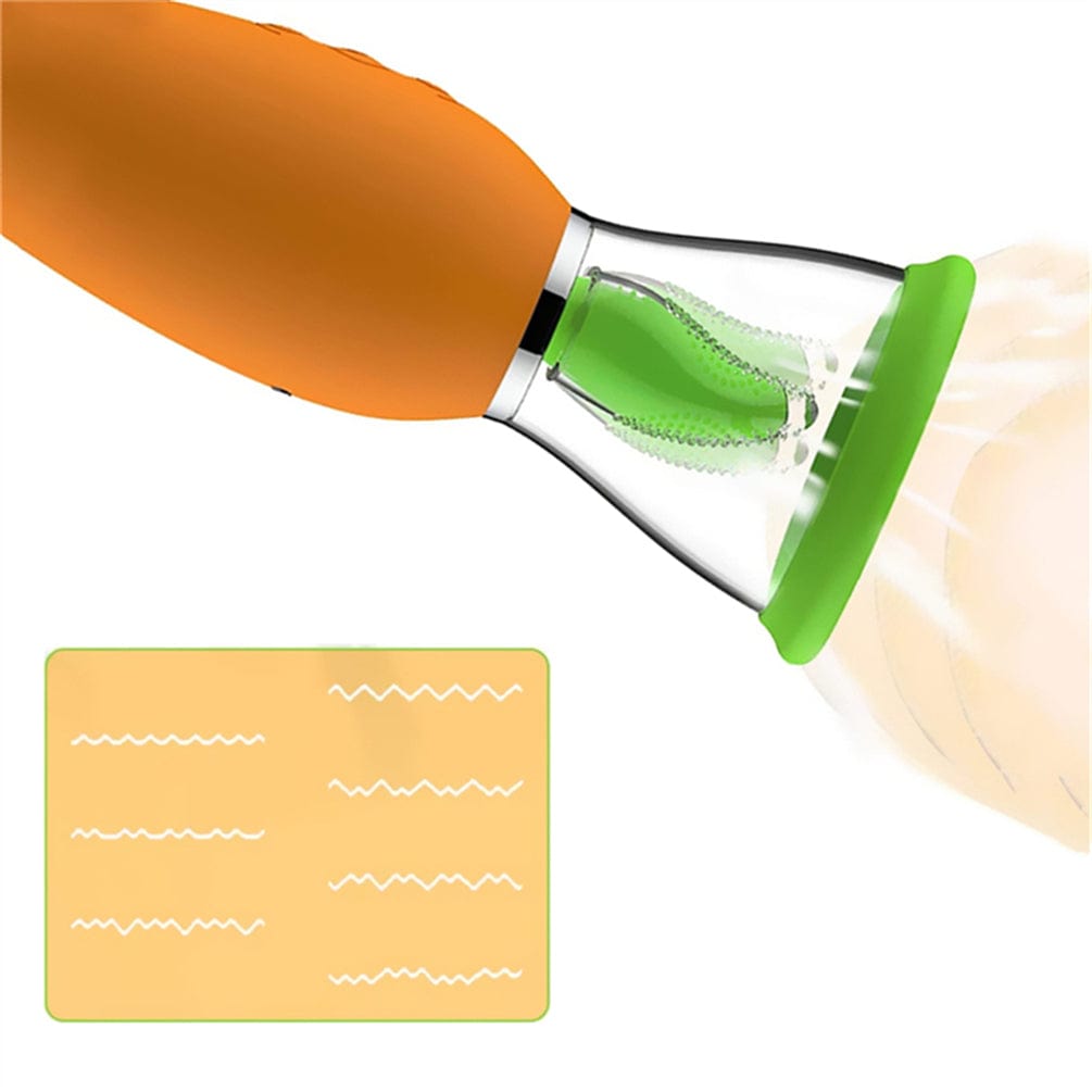 Carrot-shaped vibrator showing heating and suction functions