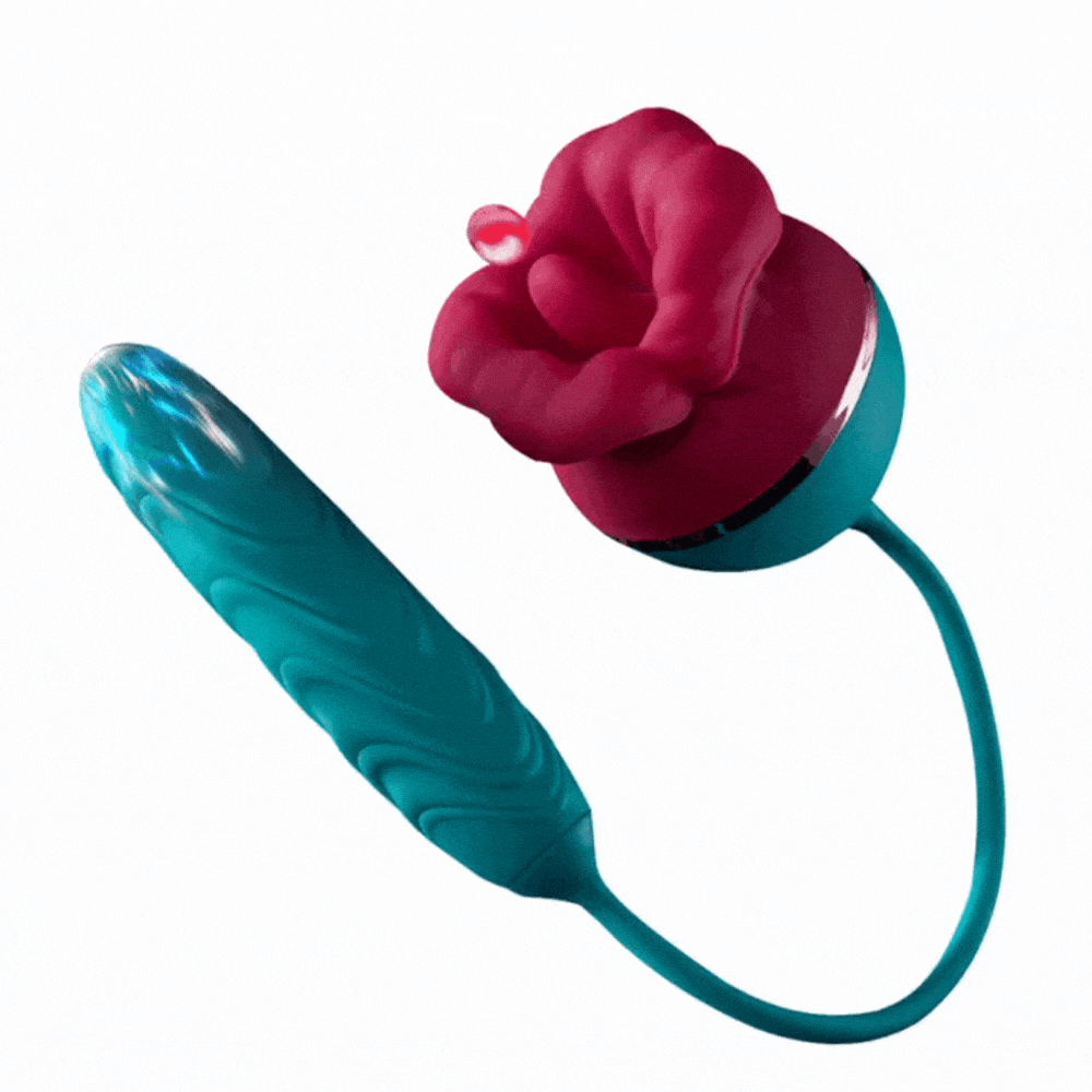 Rose-shaped vibrator showing mouth stimulator and thrusting shaft design