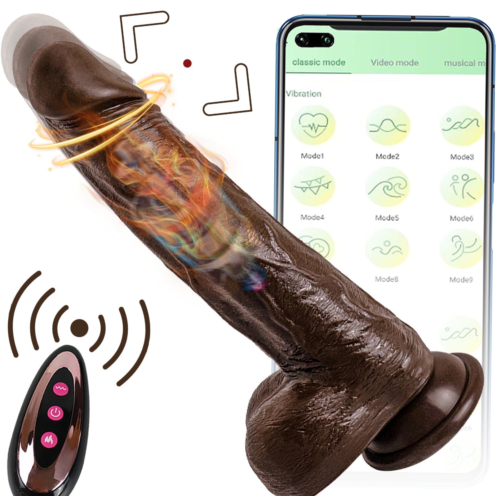 6.6-inch vibrating thrusting dildo with remote control on white background
