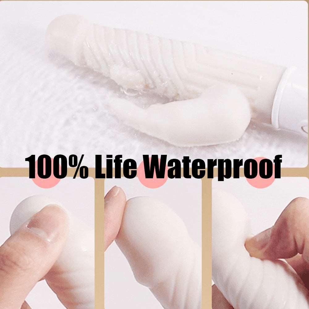White silicone rabbit vibrator with beaded shaft on plain background