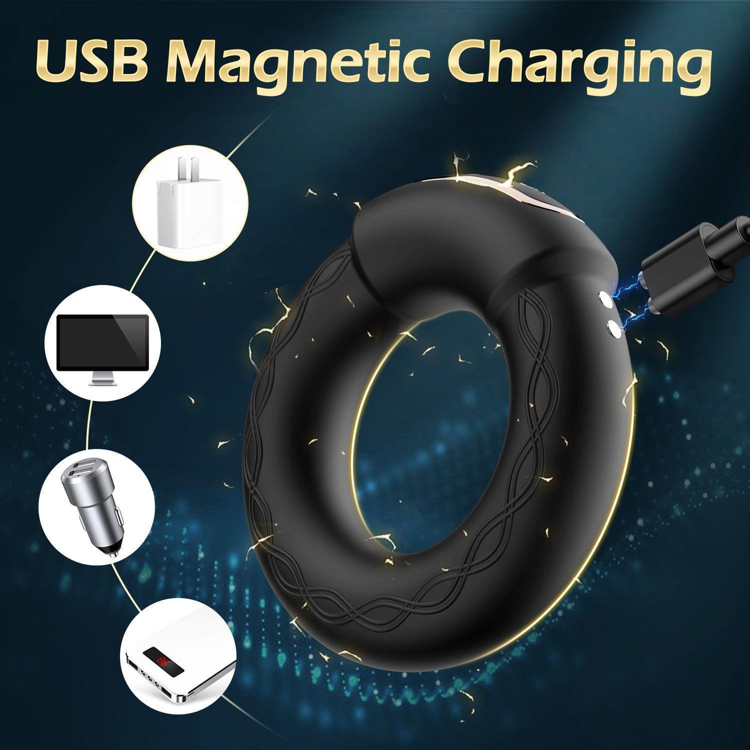 Adjustable vibrating cock ring with heating function displayed at angle