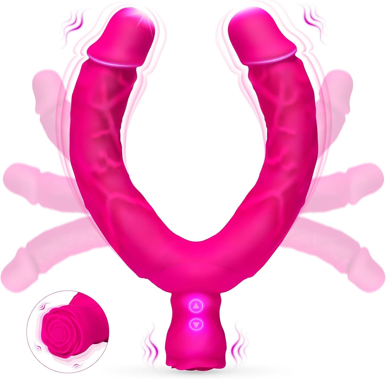 Double-ended rose dildo showing flexible silicone construction and rose base