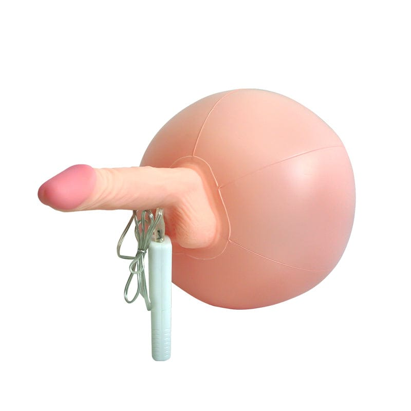 Inflatable sex ball with realistic vibrating dildo showing remote control