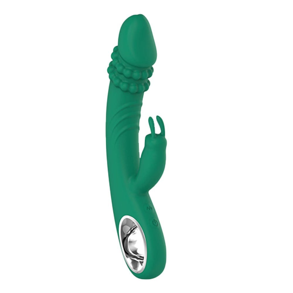 Heating rabbit vibrator showing ergonomic curved shaft and bunny ears design