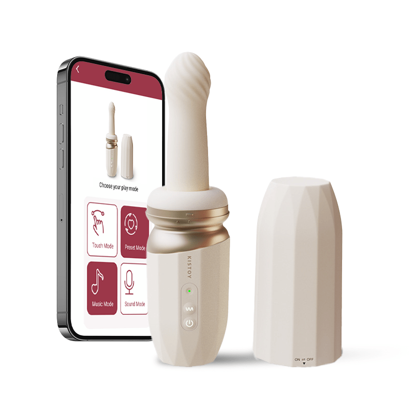 App-controlled telescopic dildo machine with suction cup base displayed from front angle