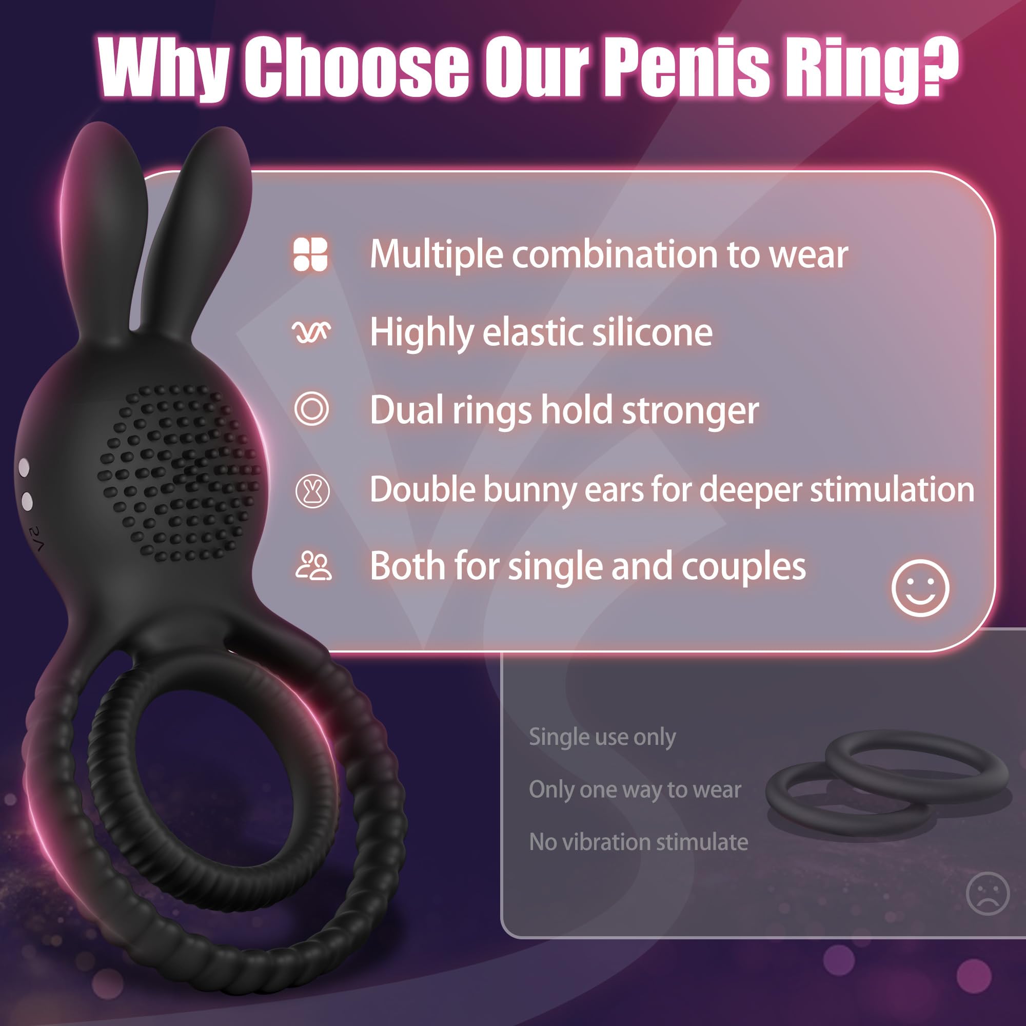 Close-up of the 10 mode vibrating cock ring highlighting ergonomic shape
