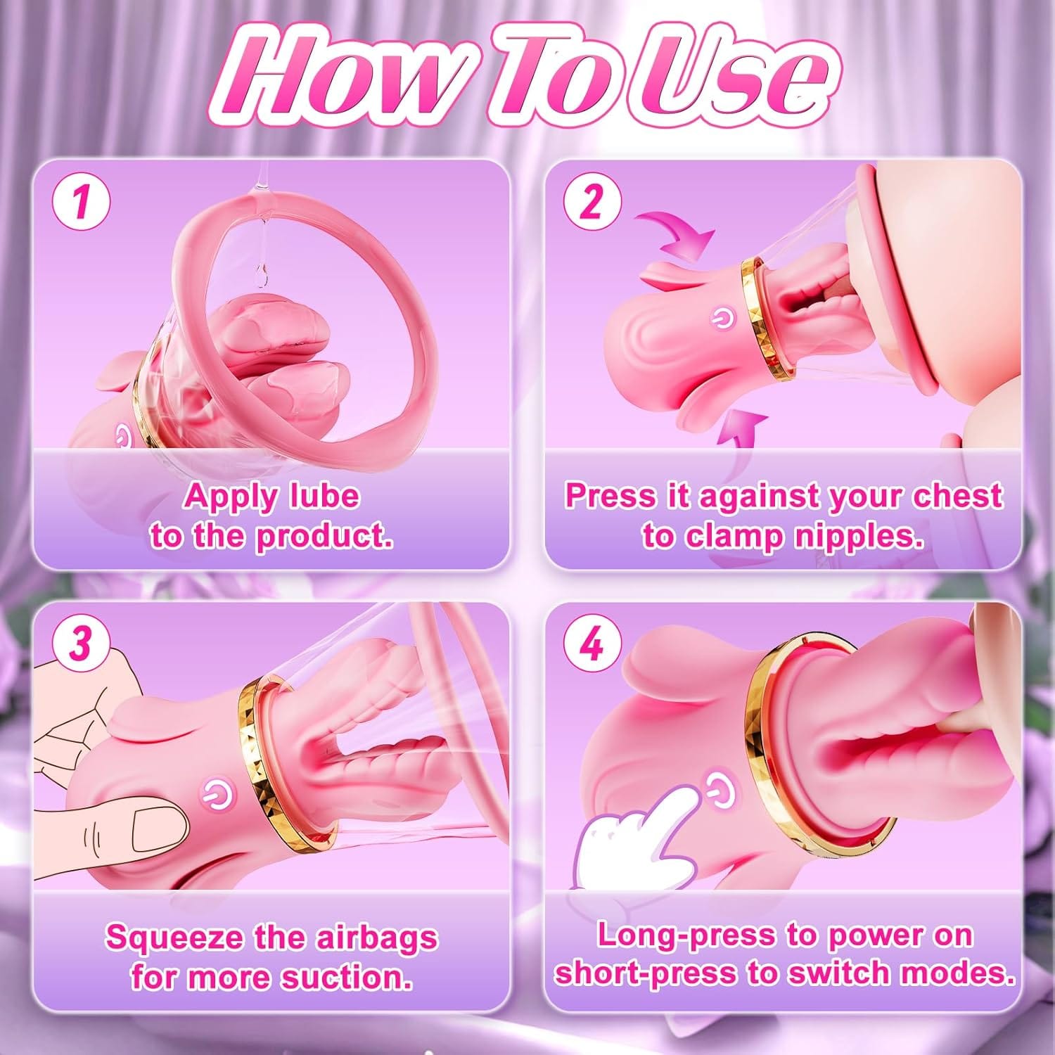 Nipple clamp massager in use demonstrating adjustable suction and vibration modes