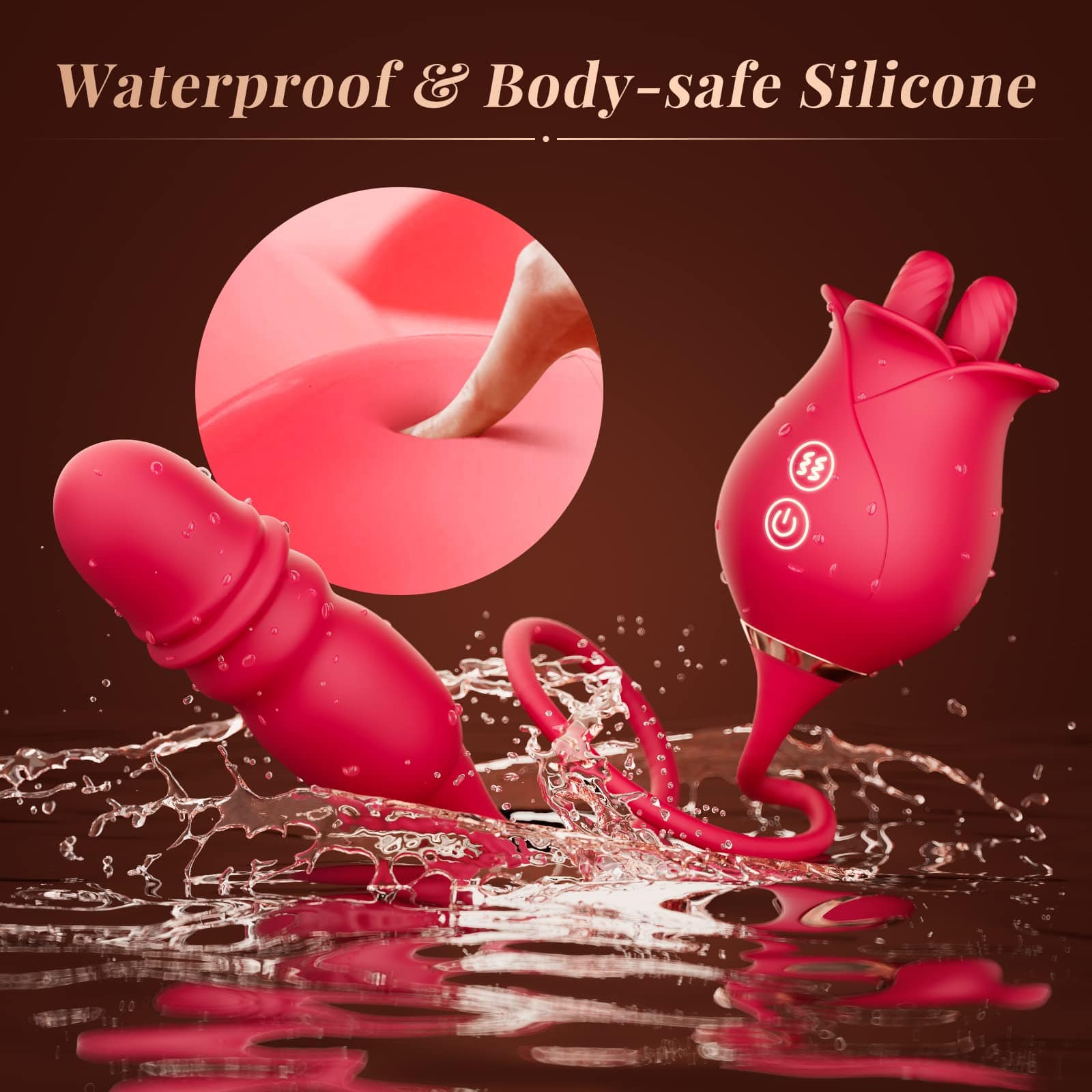Waterproof adult toy in use with shower background demonstrating IPX7 rating