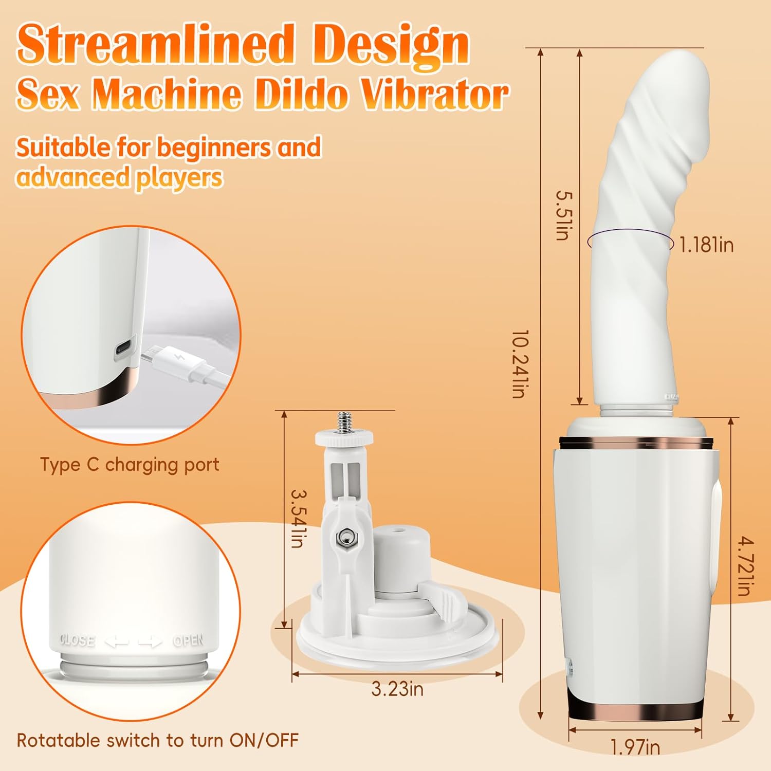 Thrusting sex machine showing sleek design and suction cup base