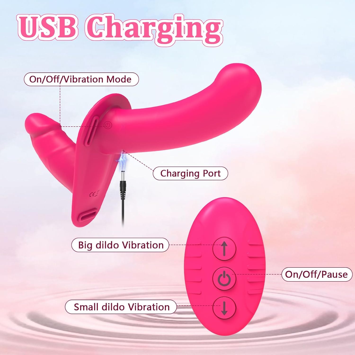 Double-ended strap-on dildo vibrator showing both silicone ends