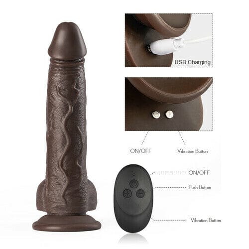 Thrusting rotating dildo with remote control showing multiple vibration modes