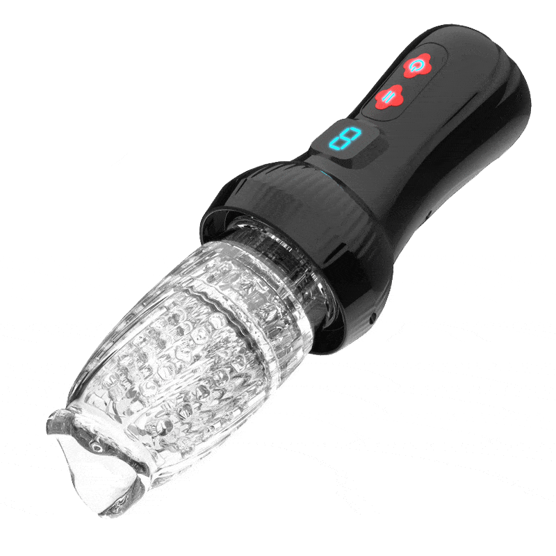 Automatic stroker with transparent silicone sleeve showing internal texture