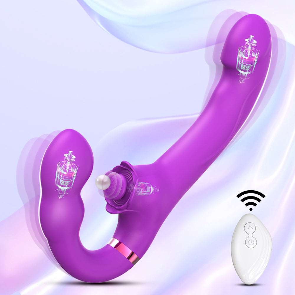 Vibrator in use demonstrating triple stimulation for G-spot, clitoris and anal areas